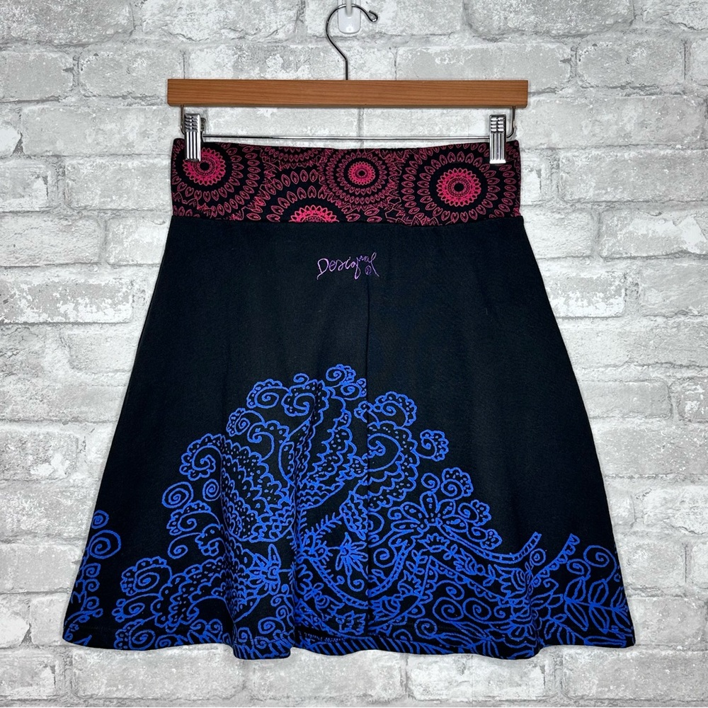 Y2K Desigual Retro Skirt Size Small Floral Patchwork Applique Black Pink Blue - Picture 4 of 9